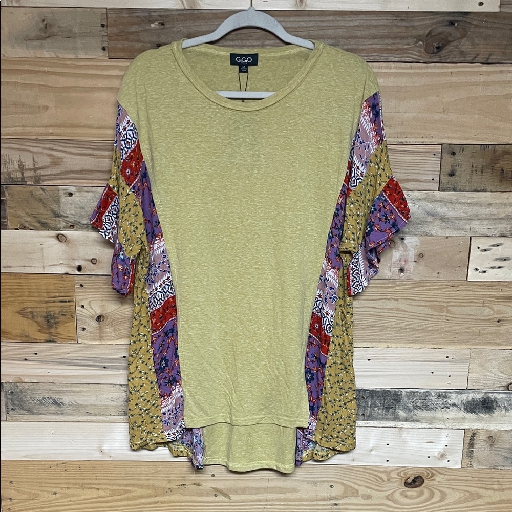 GiGio size Medium Mustard Color Patchwork Ruffle Sleeve Lightweight Soft Blouse